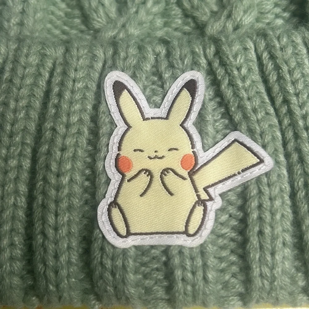 Youth Pokémon Pikachu Green and White Cable Knit Beanie with Pom Pom, Sz. OSFM